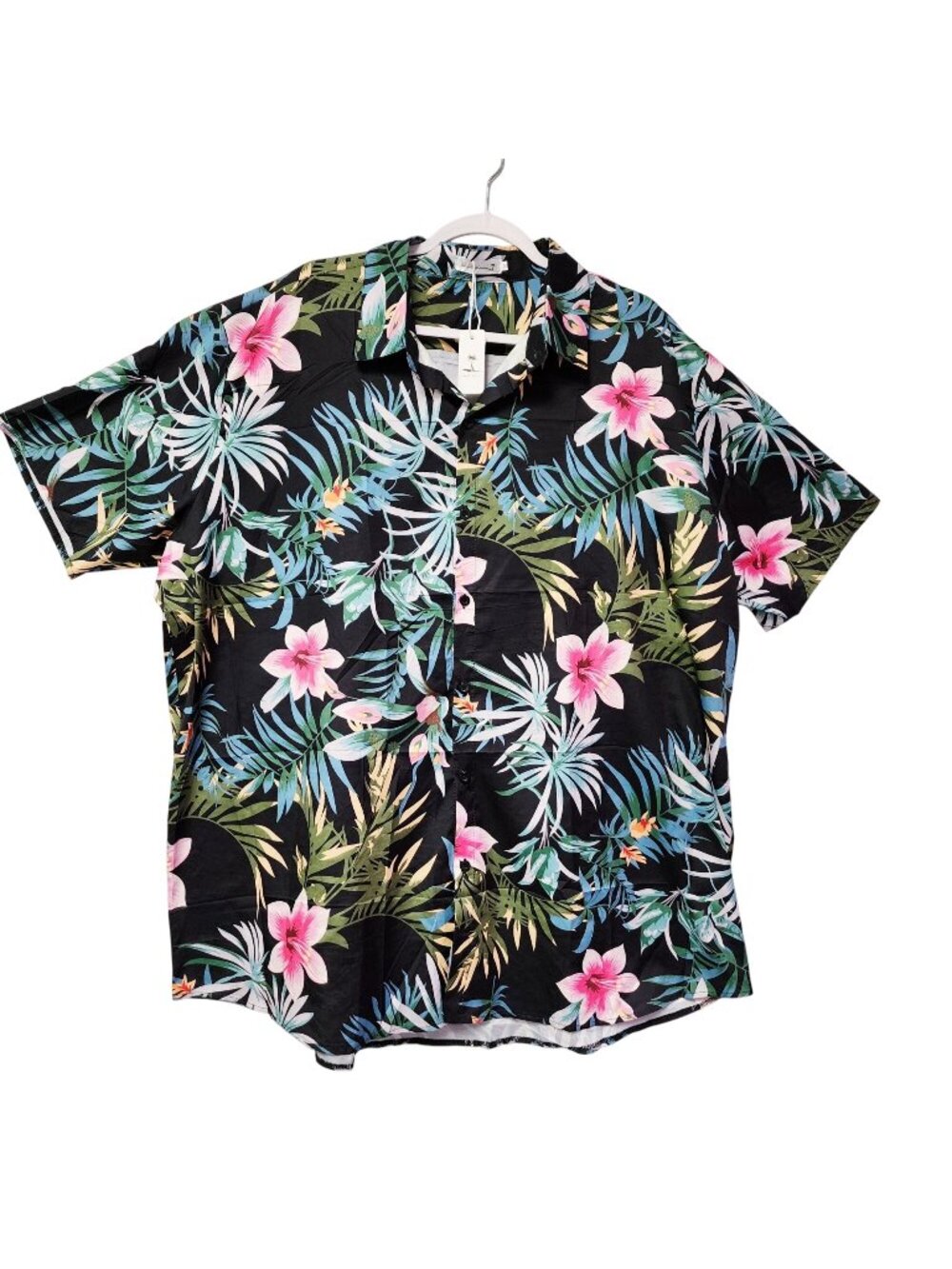 Tropical Hawaiian floral Mens Shirt Pink Black Background Size 3X Short Sleeve